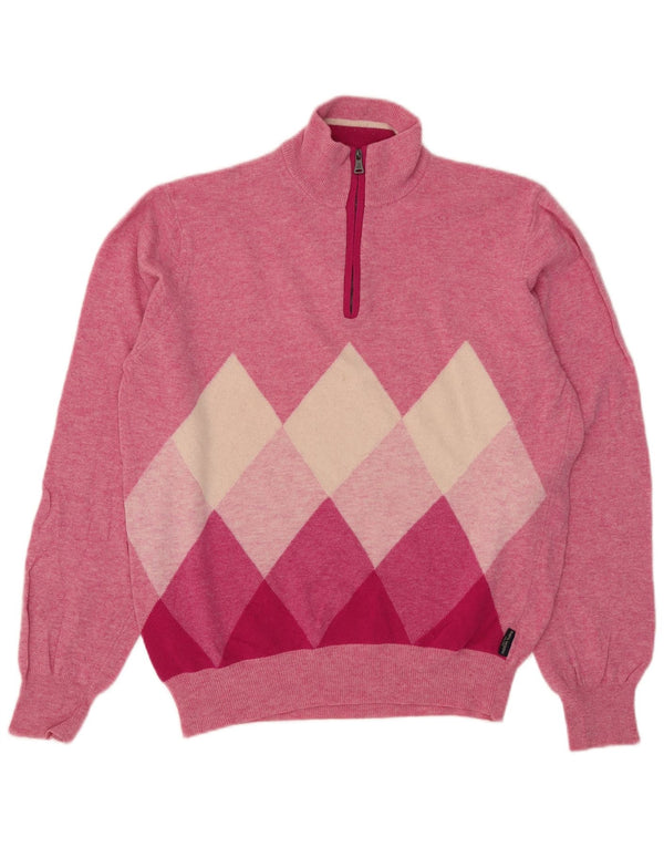 Marina Yachting Mens Zip Neck Jumper Sweater Large Pink Argyle/Diamond