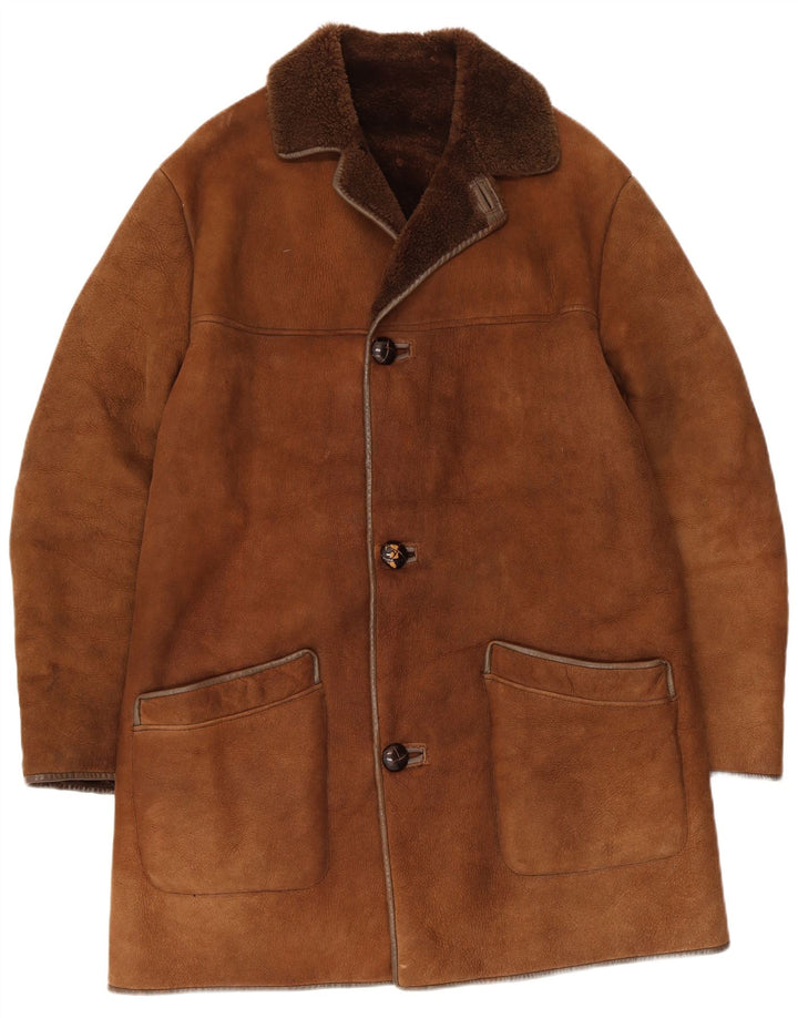 Nurseys Mens Shearling Overcoat UK 40 Large Brown Leather