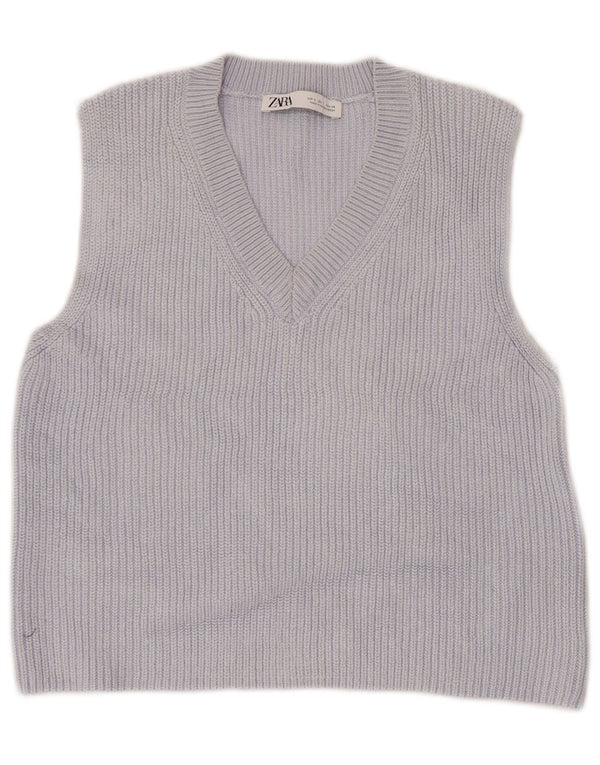 Zara Womens Crop Vest Tank Top UK 10 Small Blue Cotton