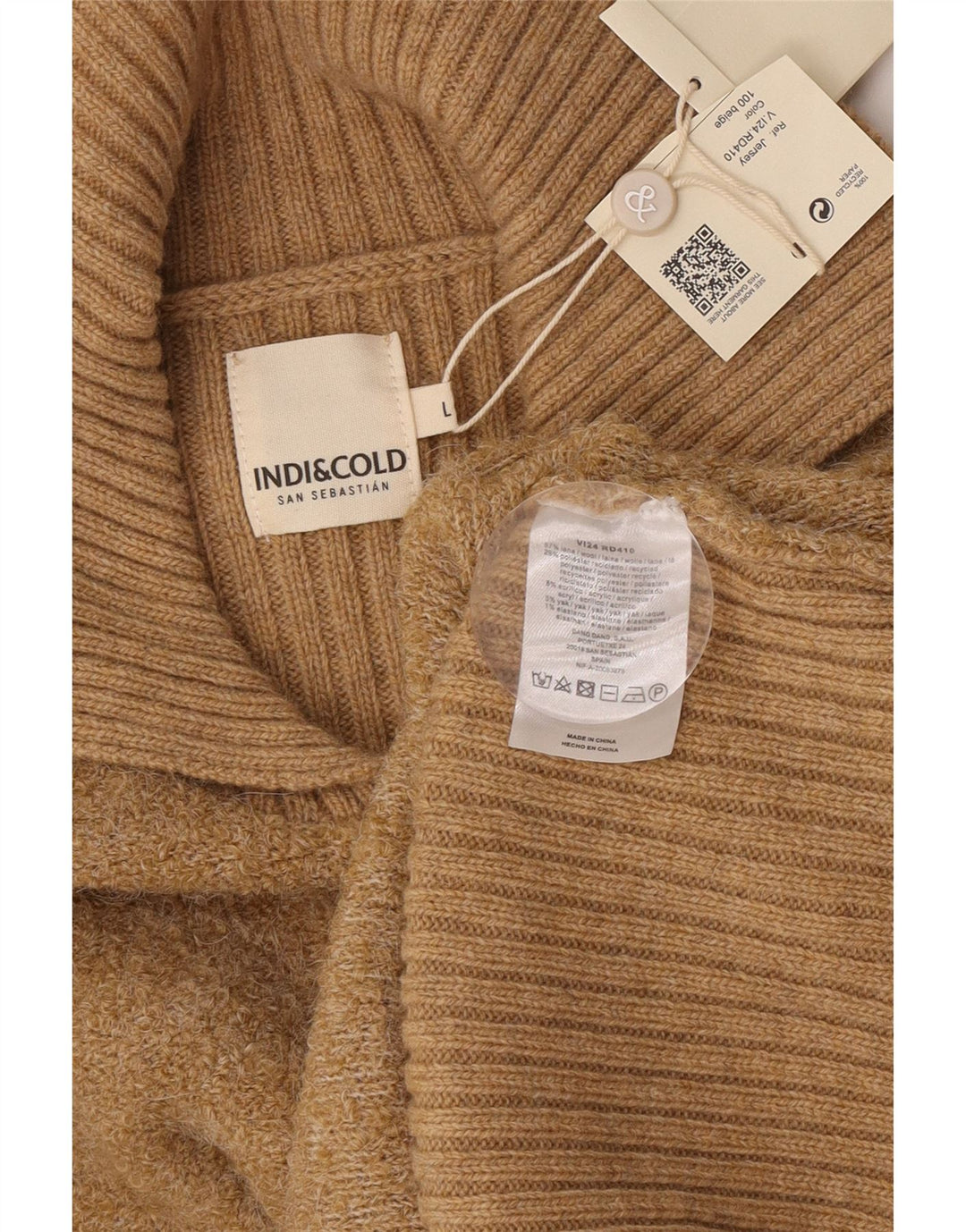 Indi & Cold Womens Oversized Polo Neck Jumper Sweater UK16 Large Beige Wool