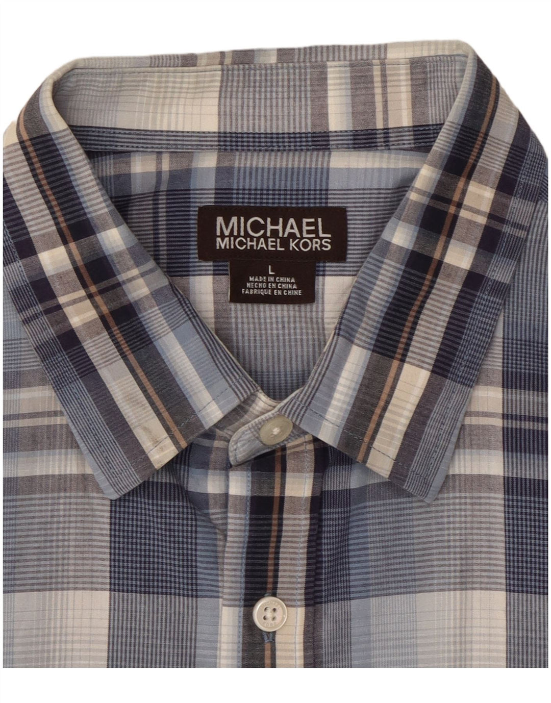 MICHAEL KORS Mens Short Sleeve Shirt Large Blue Check Cotton