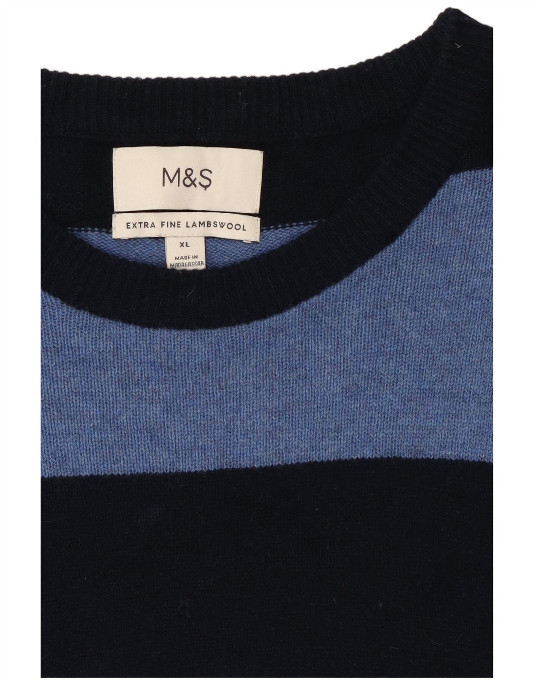 Marks & Spencer Mens Boat Neck Jumper Sweater XL Navy Blue Striped Wool