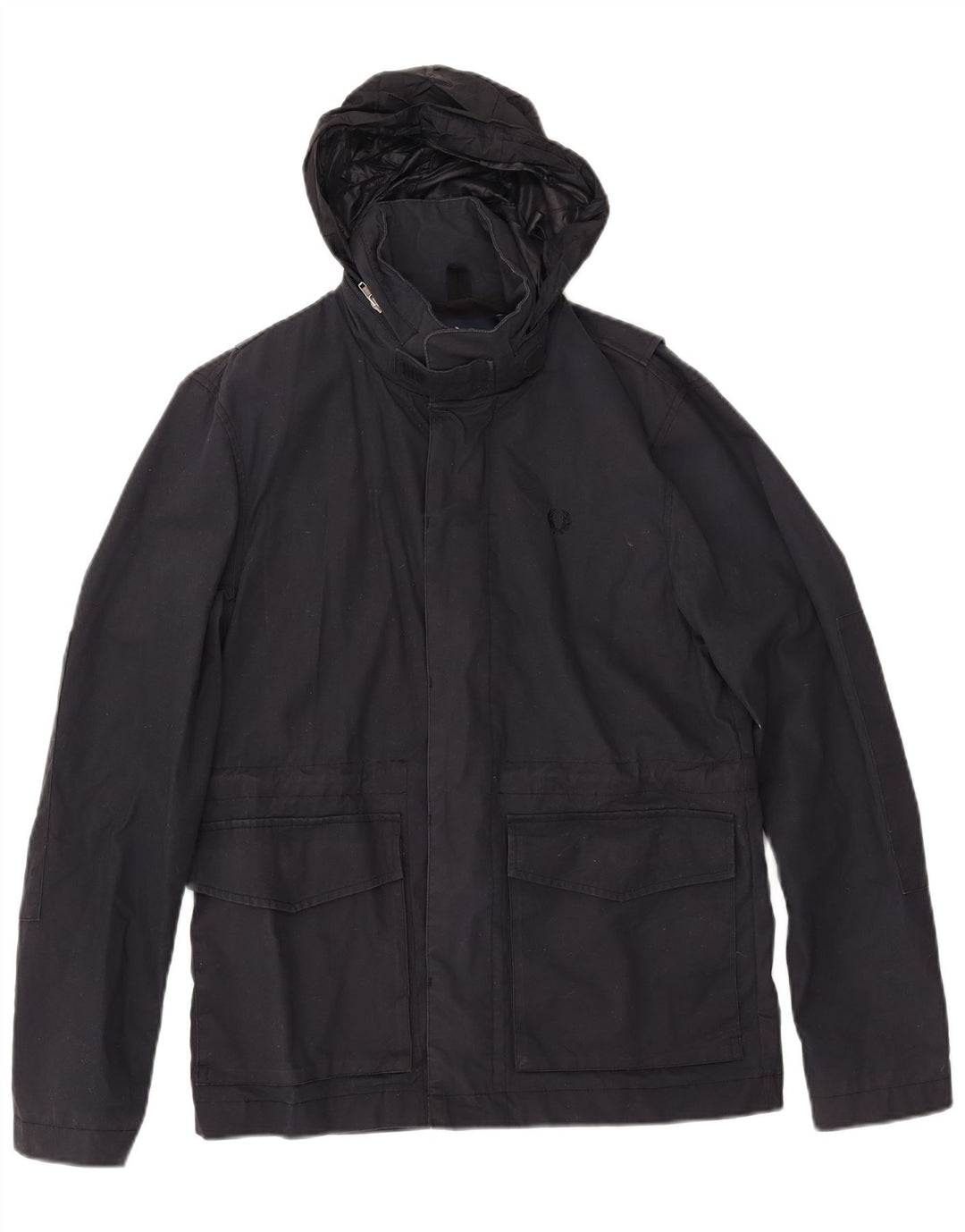 FRED PERRY Mens Hooded Windbreaker Jacket UK 36 Small Navy Blue Cotton