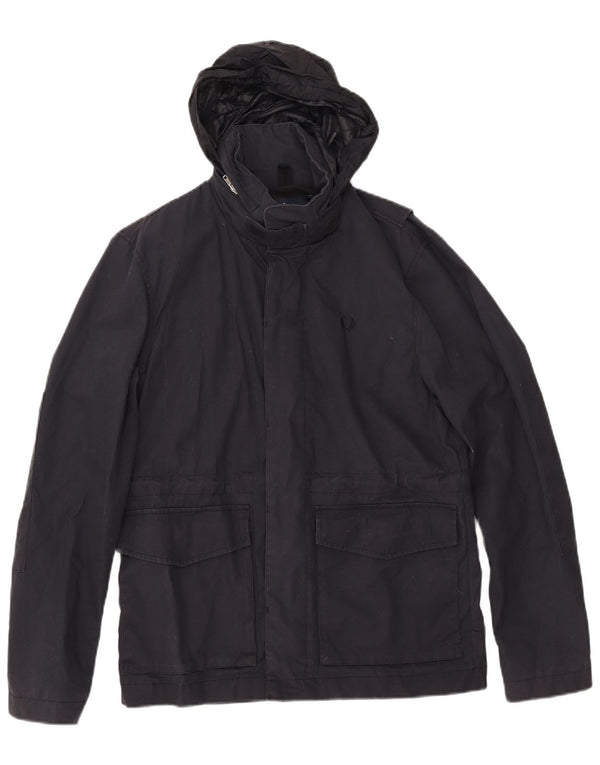 FRED PERRY Mens Hooded Windbreaker Jacket UK 36 Small Navy Blue Cotton