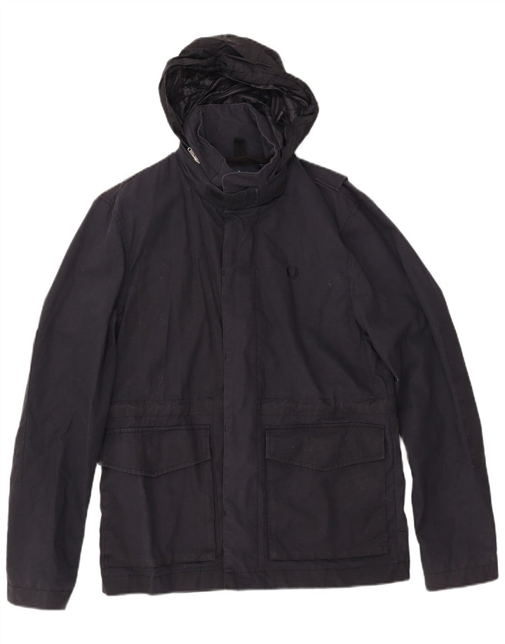 FRED PERRY Mens Hooded Windbreaker Jacket UK 36 Small Navy Blue Cotton