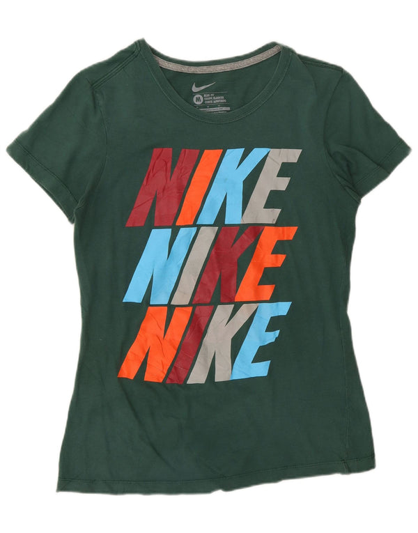Nike Womens Slim Fit Graphic T-Shirt Top UK 12 Medium Green Cotton