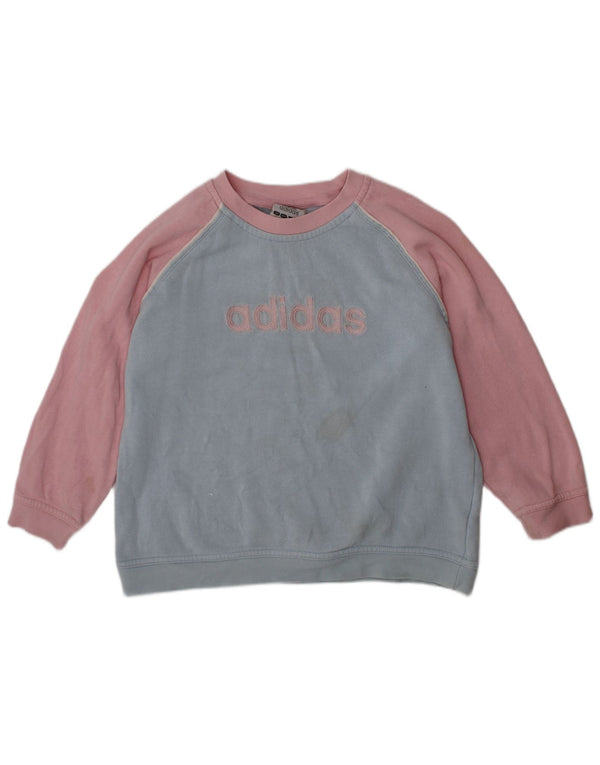 ADIDAS Girls Graphic Sweatshirt Jumper 2-3 Years Blue Colourblock Cotton