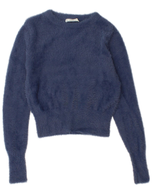 ZARA Womens Crop Boat Neck Jumper Sweater UK 12 Medium Navy Blue
