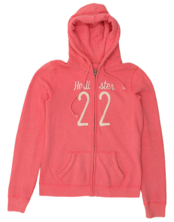 HOLLISTER Womens Graphic Zip Hoodie Sweater UK 14 Medium Pink Cotton