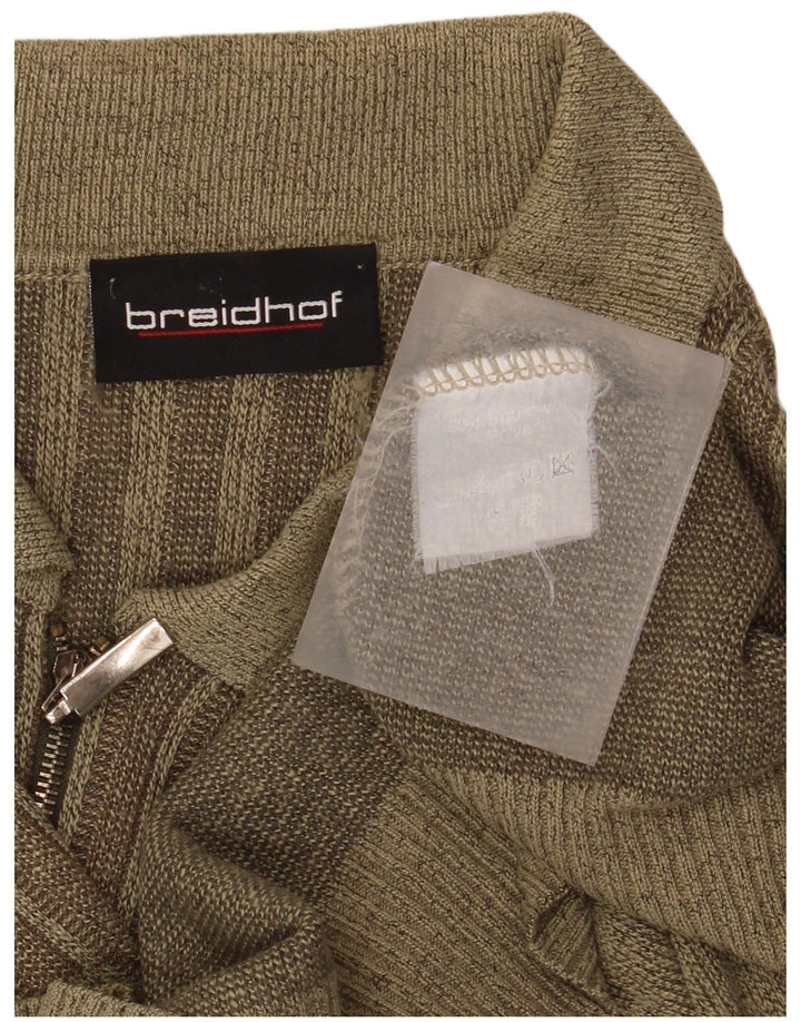 BREIDHOF Mens Polo Neck Jumper Sweater Large Khaki Striped Polyacrylic