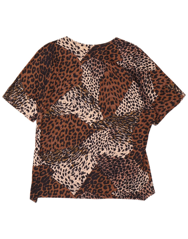 Vintage Womens Short Sleeve Shirt Blouse UK 14 Large Brown Animal Print