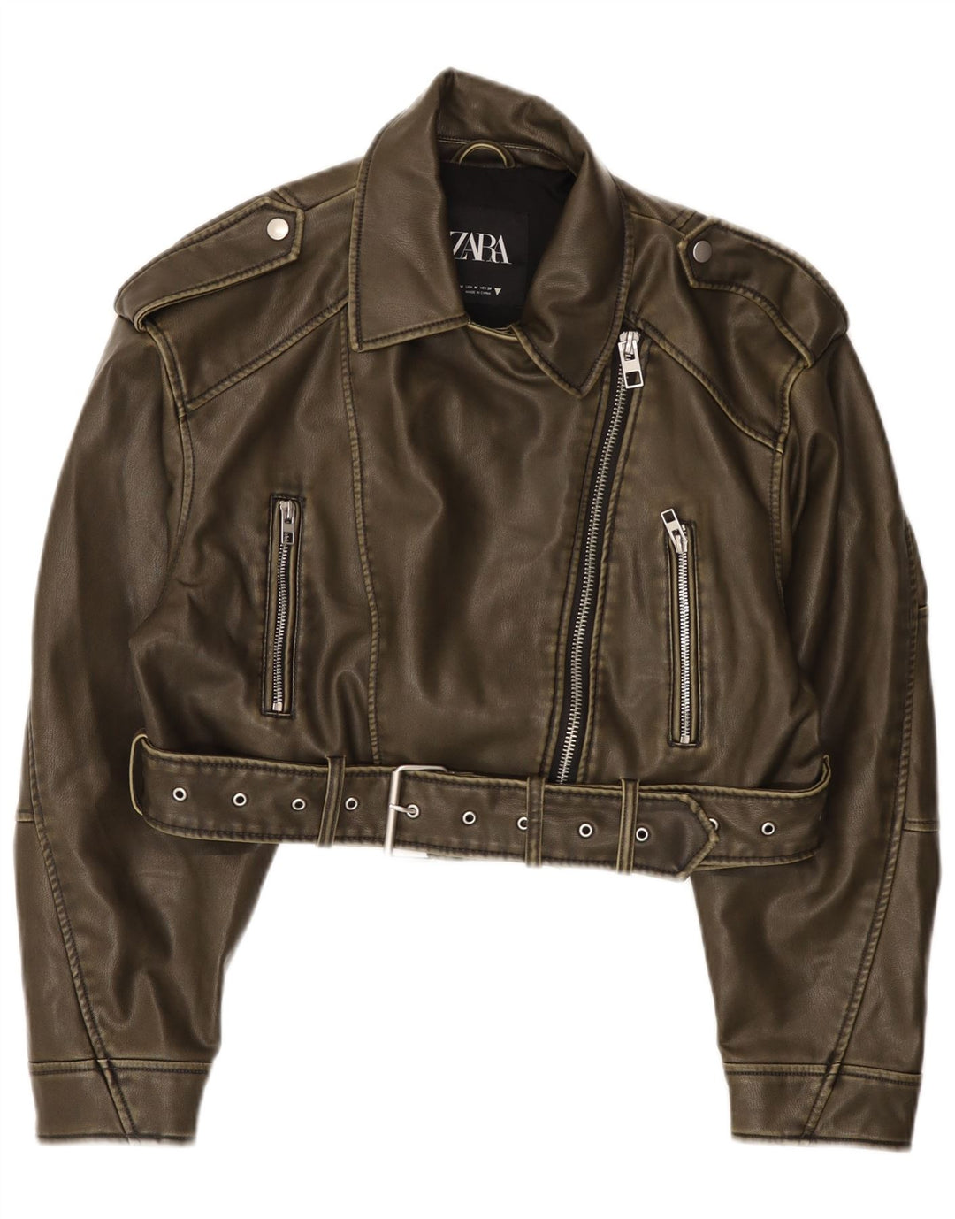 Zara Womens Crop Faux Leather Biker Jacket UK 14 Medium Green Polyester