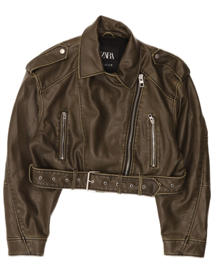 Zara Womens Crop Faux Leather Biker Jacket UK 14 Medium Green Polyester
