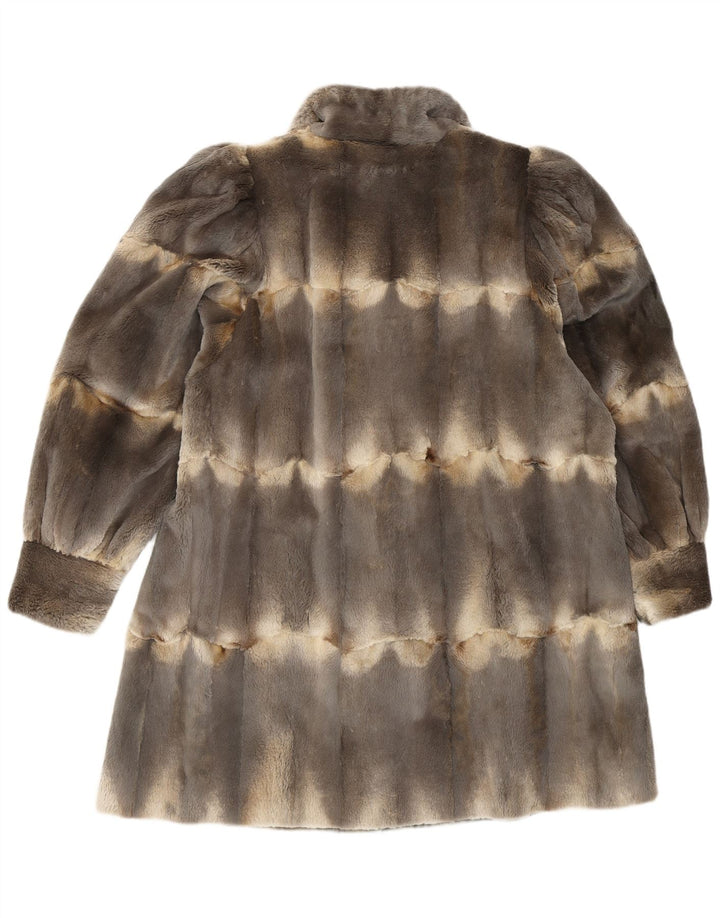 Vintage Womens Fur Coat UK 14 Large Grey Striped Leather