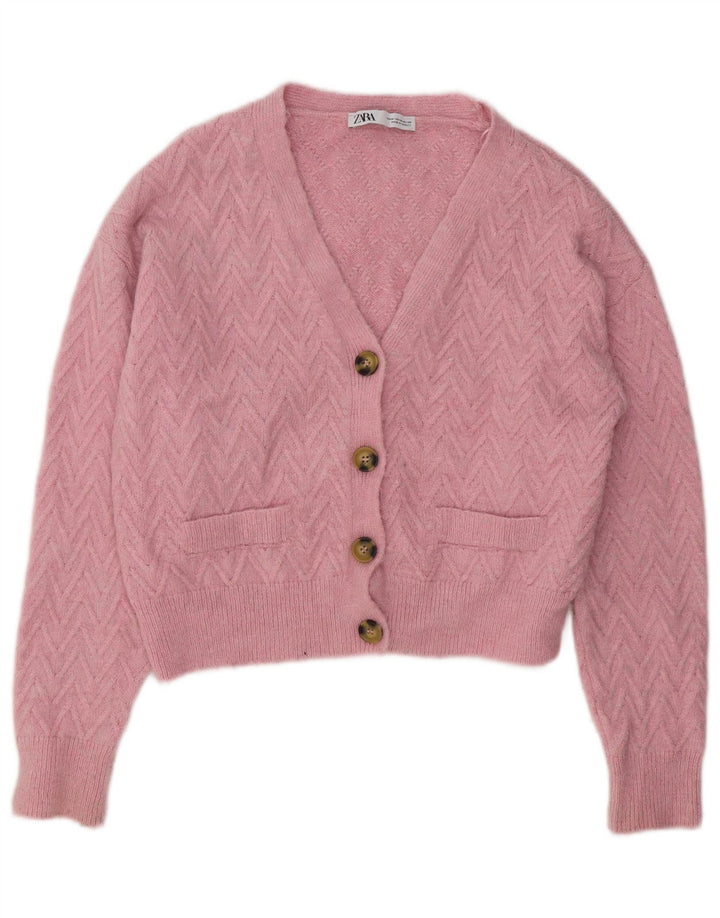 ZARA Womens Crop Cardigan Sweater UK 14 Medium Pink Chevron Acrylic
