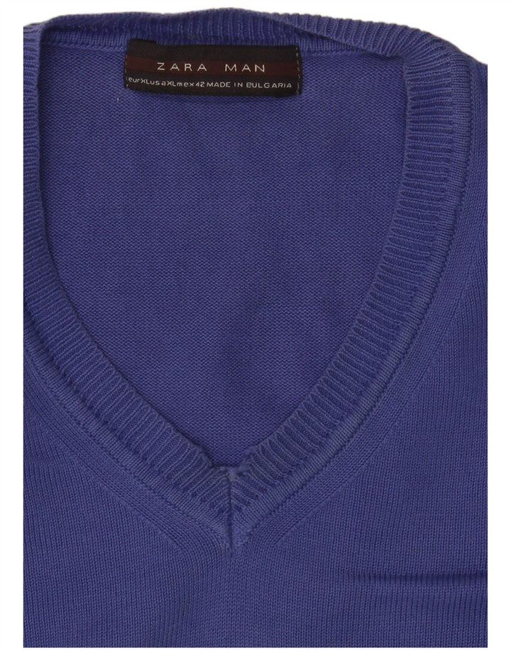Zara Mens V-Neck Jumper Sweater XL Blue
