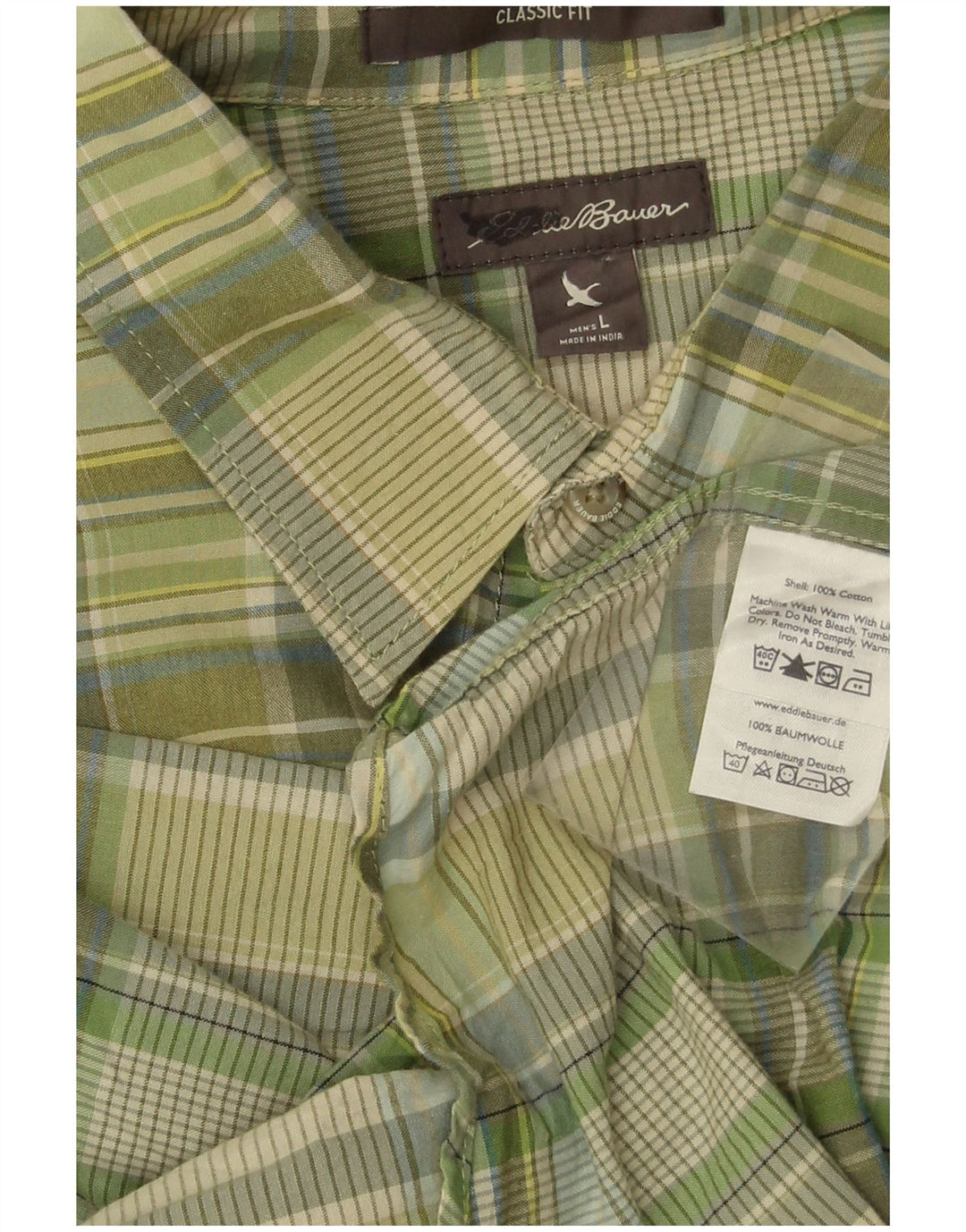 EDDIE BAUER Mens Classic Fit Short Sleeve Shirt Large Green Check Cotton