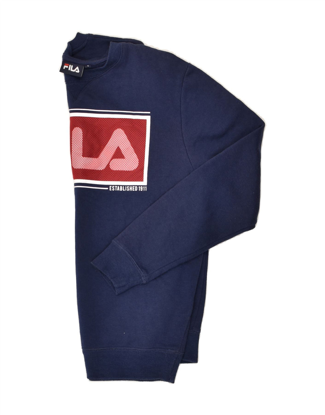 FILA Mens Graphic Sweatshirt Jumper Small Navy Blue Polyester Vintage Fila and Second-Hand Fila from Messina Hembry 