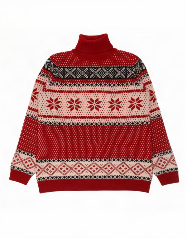 Marco Pecci Womens Roll Neck Jumper Sweater UK 20 2XL Red Fair Isle Wool