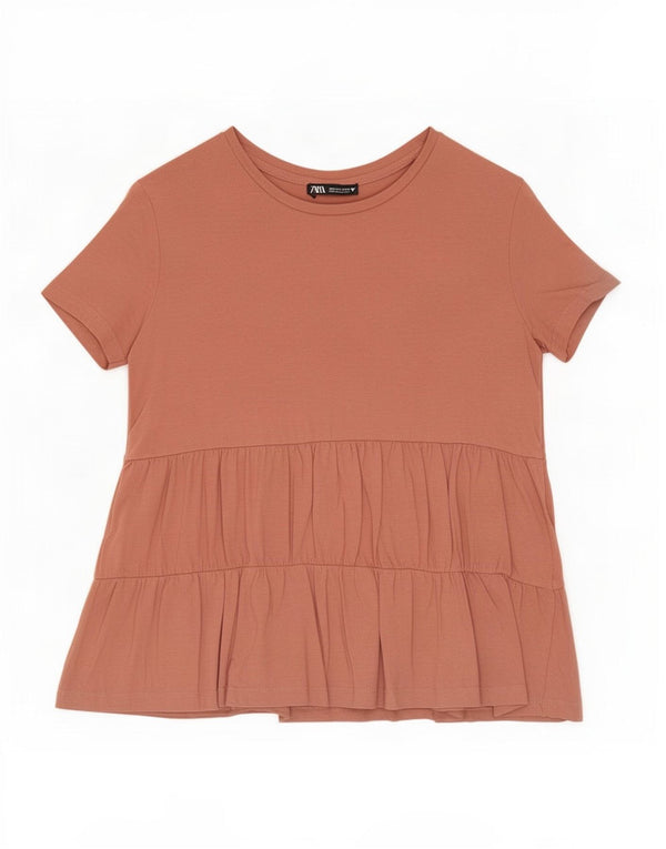 Zara Womens Short Sleeve Blouse Top UK 10 Small Brown