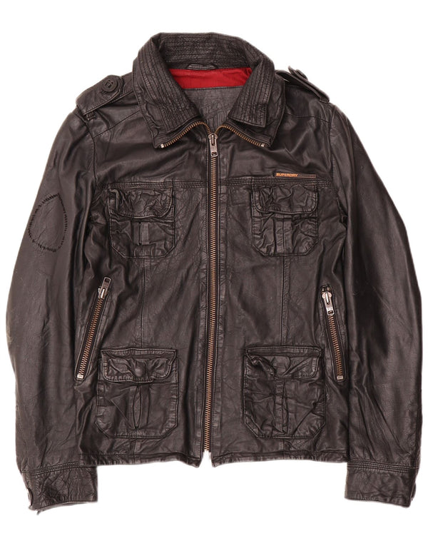 Superdry Mens Military Leather Jacket UK 36 Small Black Leather