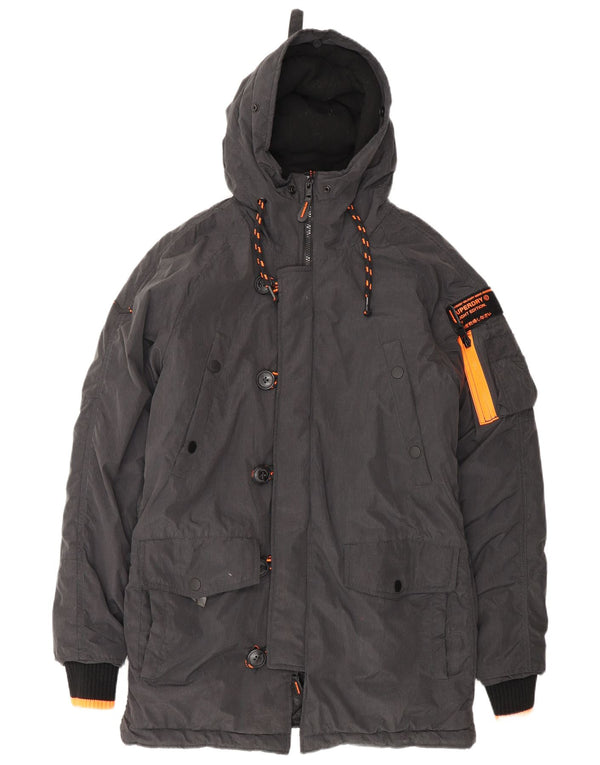 Superdry Mens Hooded Parka Jacket UK 38 Medium Grey Nylon