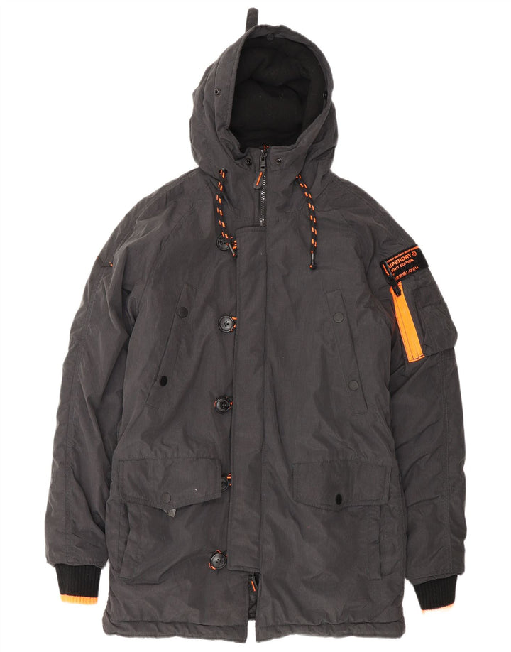 Superdry Mens Hooded Parka Jacket UK 38 Medium Grey Nylon