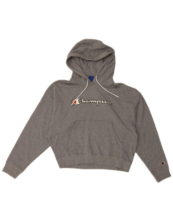 Champion Womens Graphic Crop Hoodie Jumper UK 14 Medium Grey Cotton