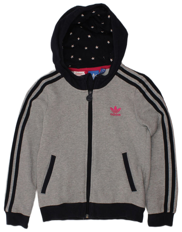 ADIDAS Girls Zip Hoodie Sweater 8-9 Years Grey Colourblock Cotton