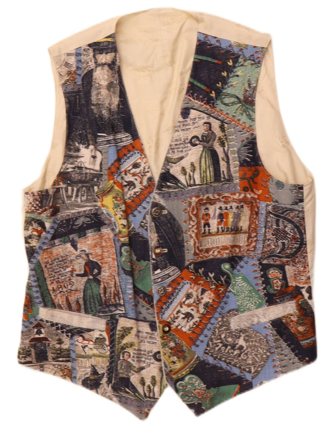 Julius Lang Mens Graphic Waistcoat IT 54 XL Beige Patchwork Viscose