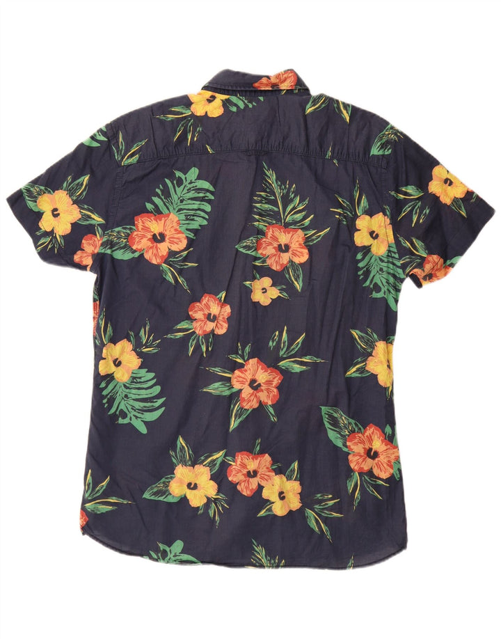 JACK & JONES Mens Short Sleeve Shirt Large Navy Blue Floral Cotton
