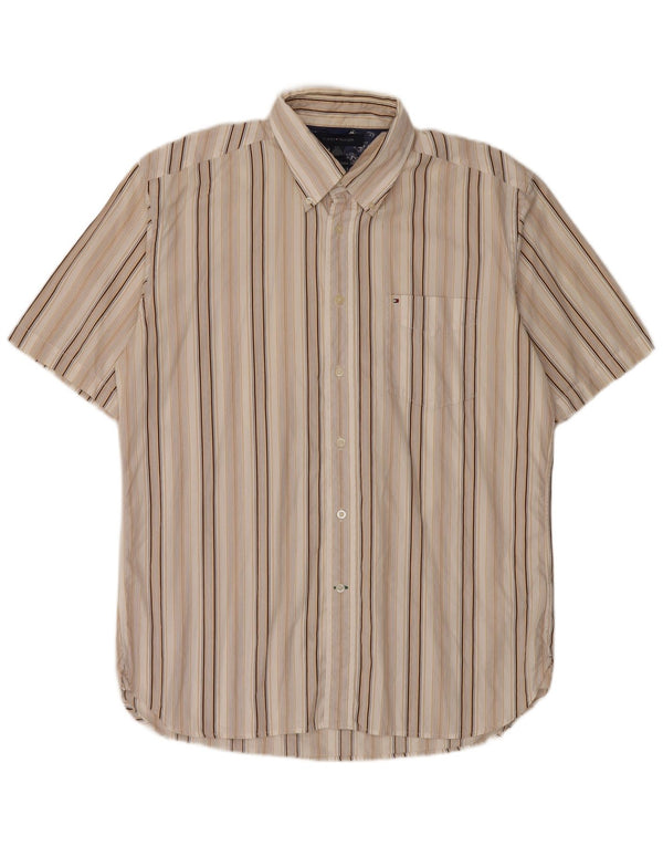 Tommy Hilfiger Mens Short Sleeve Shirt Large Beige Striped Cotton