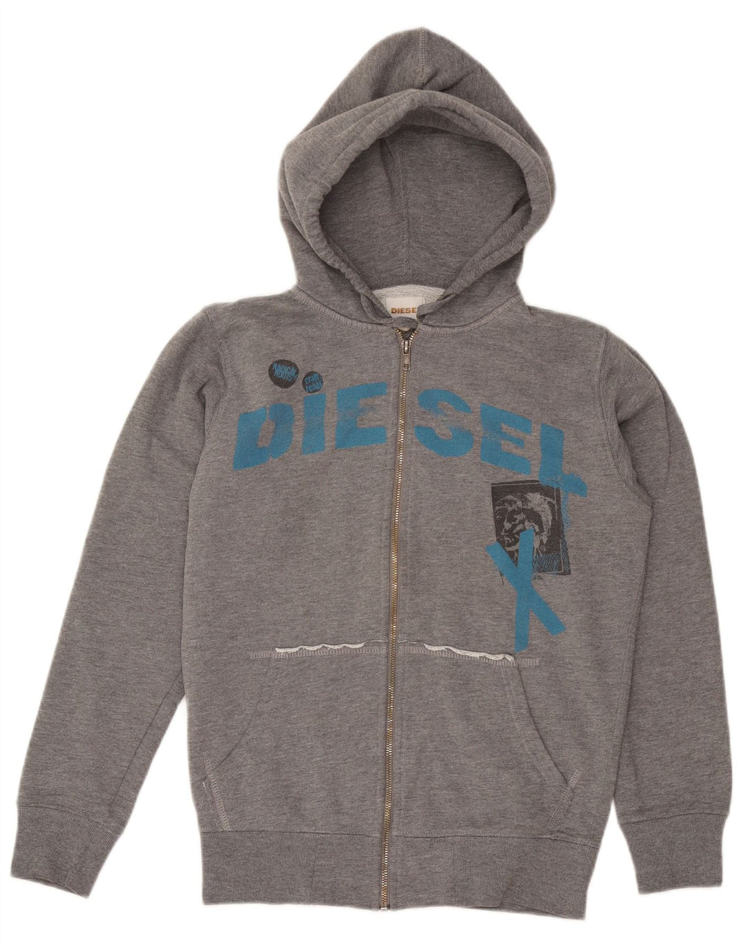 DIESEL Mens Graphic Zip Hoodie Sweater Small Grey Cotton