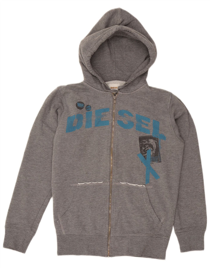 DIESEL Mens Graphic Zip Hoodie Sweater Small Grey Cotton