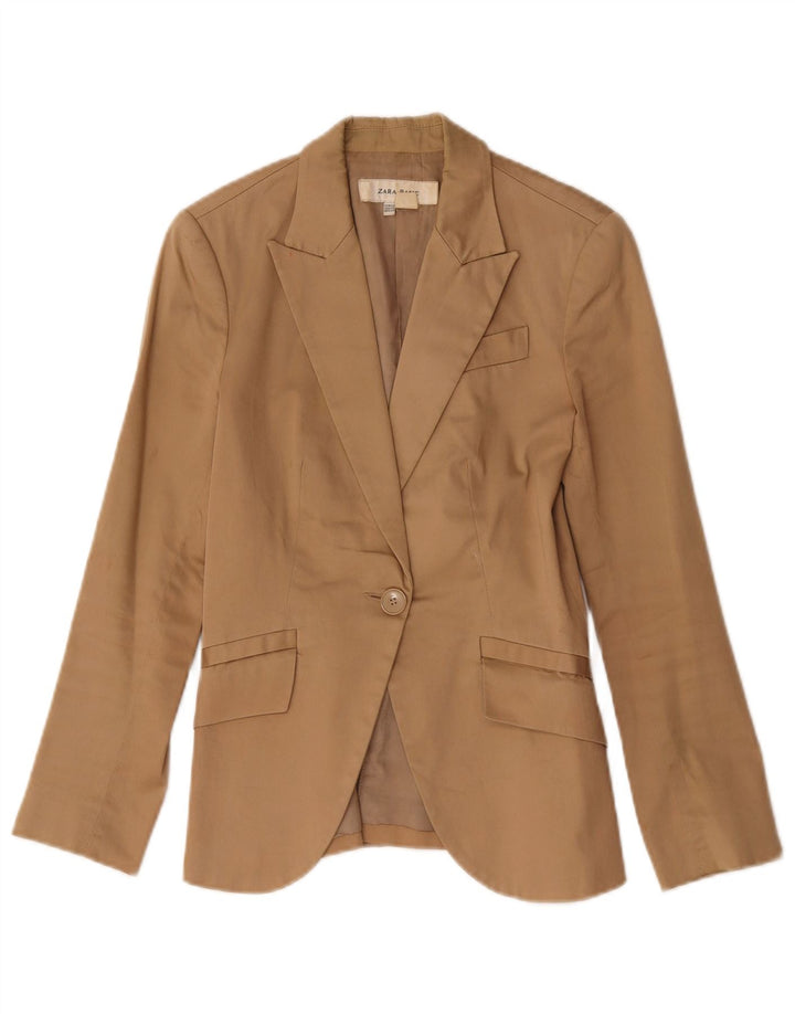 Zara Womens 1 Button Blazer Jacket UK 6 XS Brown Cotton