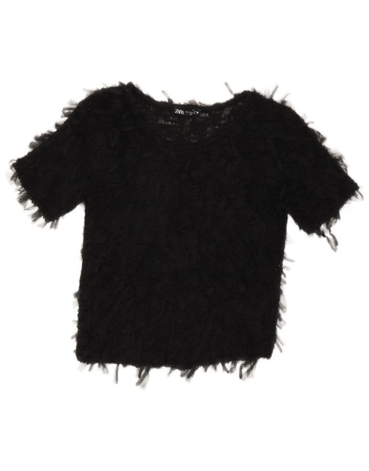 Zara Womens Crop See Through Blouse Top UK 8 Small Black