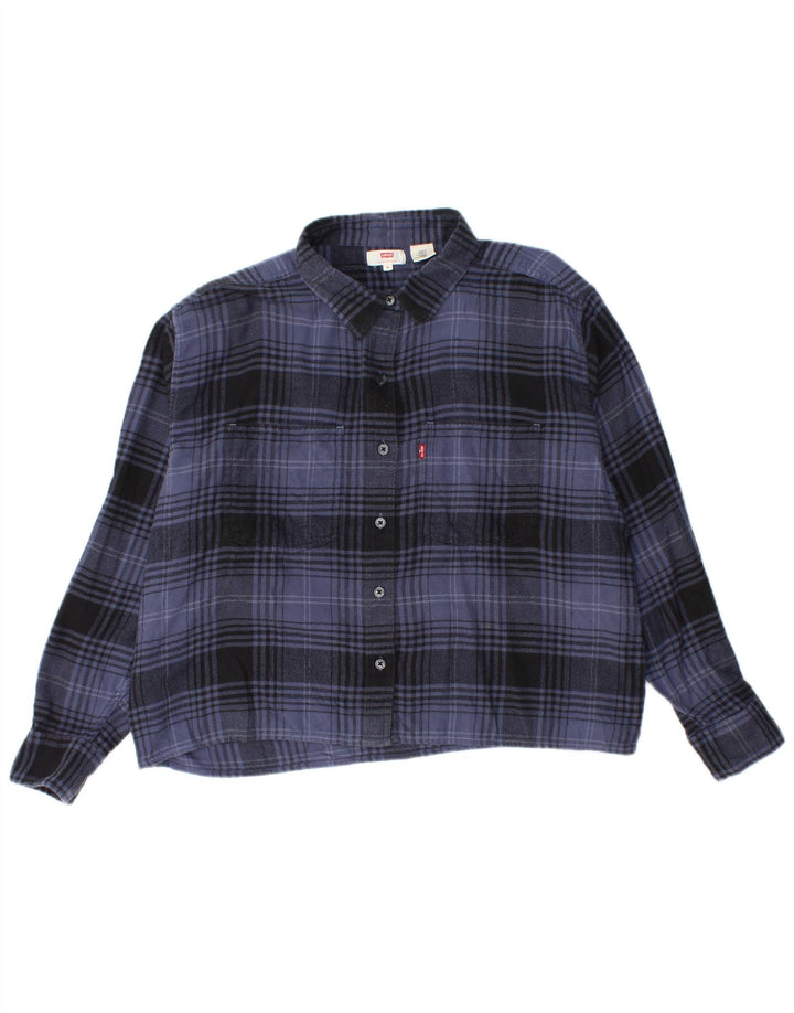 Levi's Womens Oversized Flannel Shirt UK 14 Medium Navy Blue Plaid Cotton