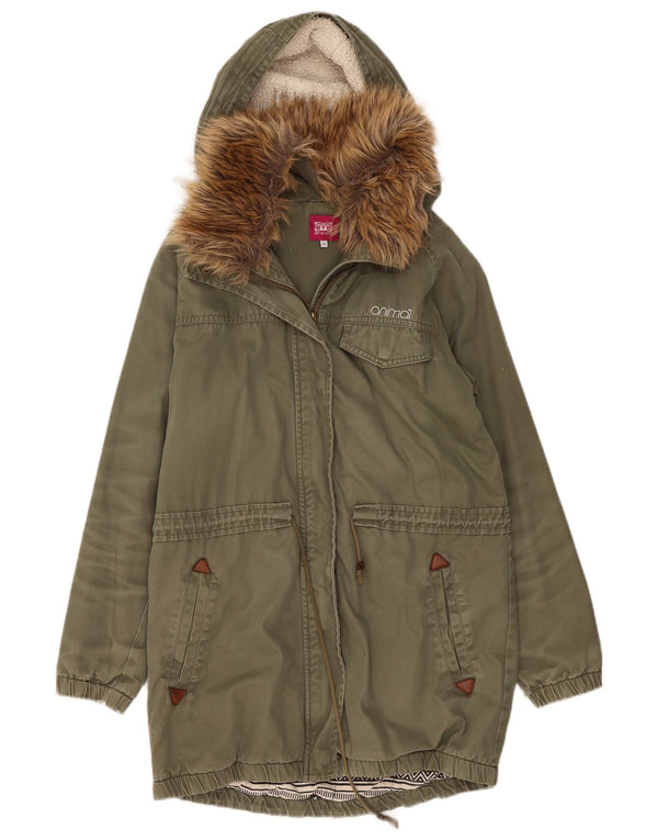 Animal Womens Hooded Parka Jacket UK 14 Large Khaki Cotton