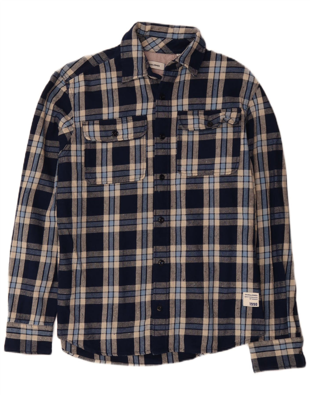 JACK & JONES Mens Flannel Shirt Medium Navy Blue Check Cotton