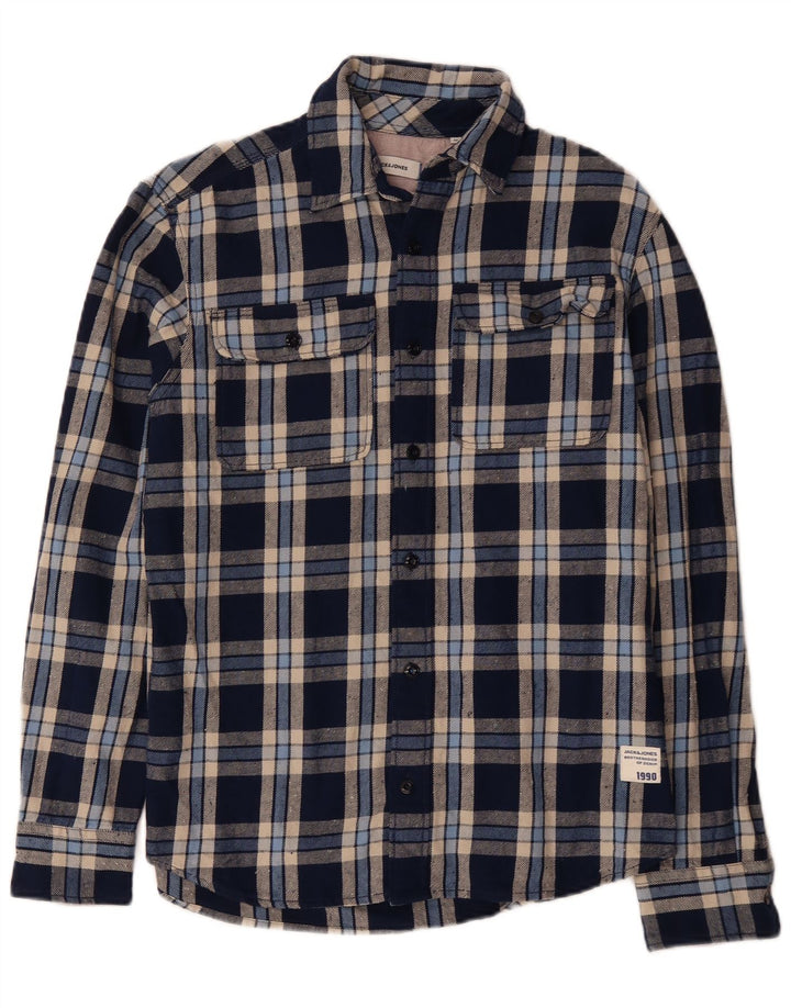 JACK & JONES Mens Flannel Shirt Medium Navy Blue Check Cotton