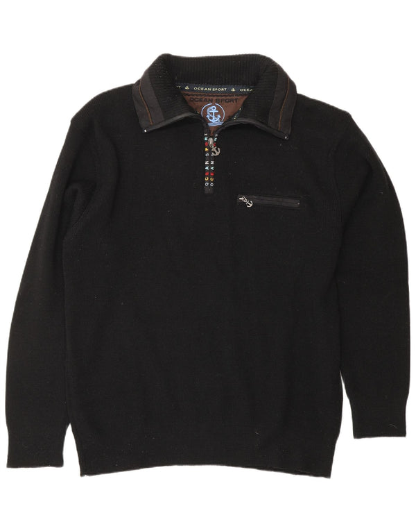 VINTAGE Mens Graphic Zip Neck Jumper Sweater Large Black Acrylic Nautical