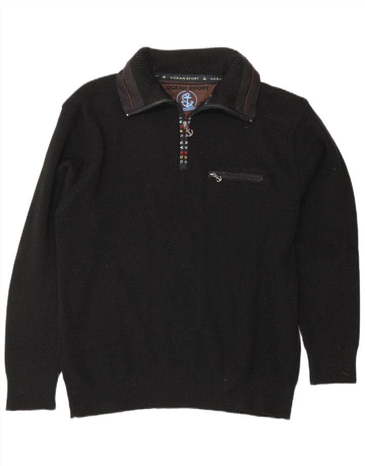 VINTAGE Mens Graphic Zip Neck Jumper Sweater Large Black Acrylic Nautical