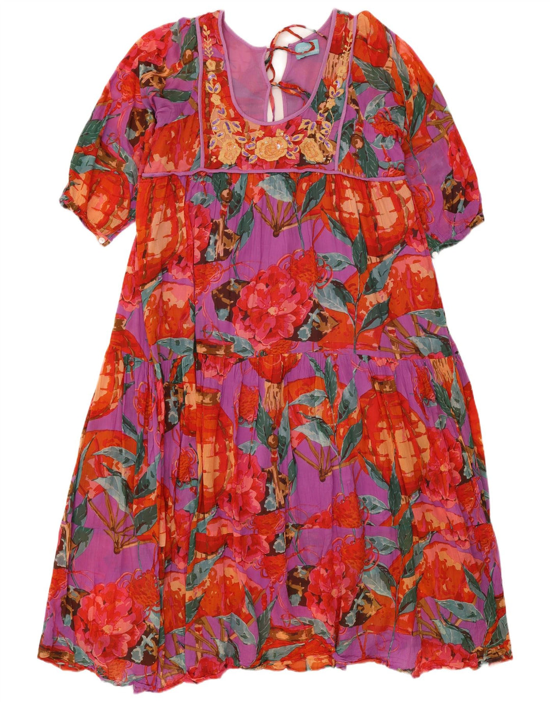 ICONIQUE Womens Tiered Dress UK 20 2XL Red Floral Cotton