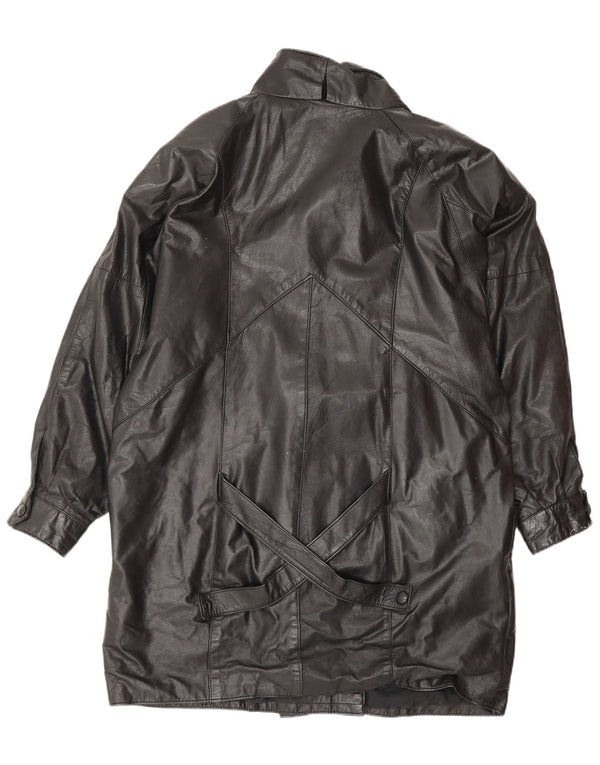 VINTAGE Womens Oversized Leather Coat UK 14 Medium  Black Leather