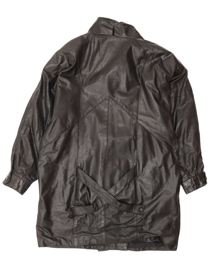 VINTAGE Womens Oversized Leather Coat UK 14 Medium  Black Leather