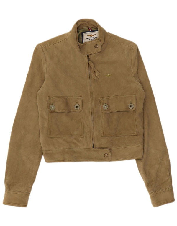 Aeronautica Militare Womens Crop Suede Jacket IT 42 Medium Khaki Leather