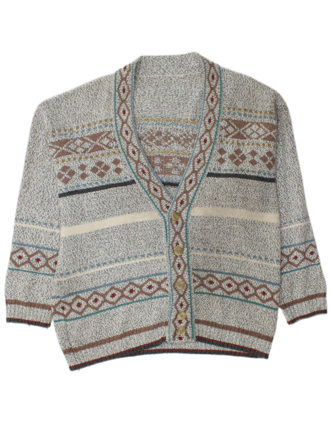 VINTAGE Mens Cardigan Sweater Medium Grey Fair Isle