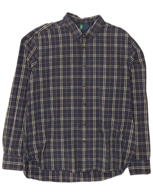 Benetton Mens Shirt 2XL Navy Blue Check Cotton