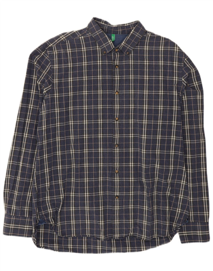 Benetton Mens Shirt 2XL Navy Blue Check Cotton