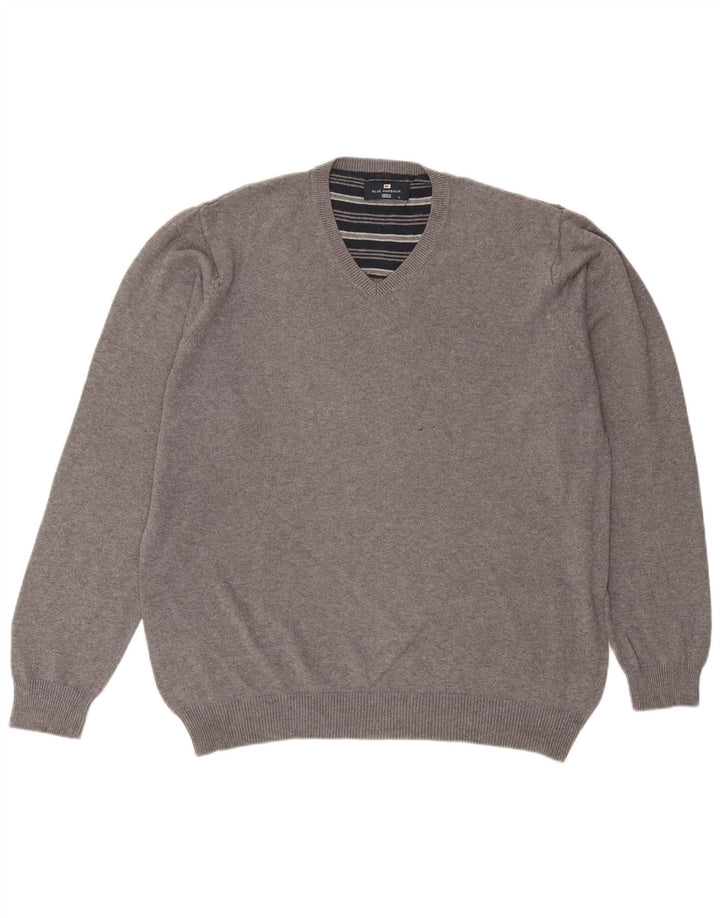 Marks & Spencer Mens Blue Harbour V-Neck Jumper Sweater Large Grey Cotton